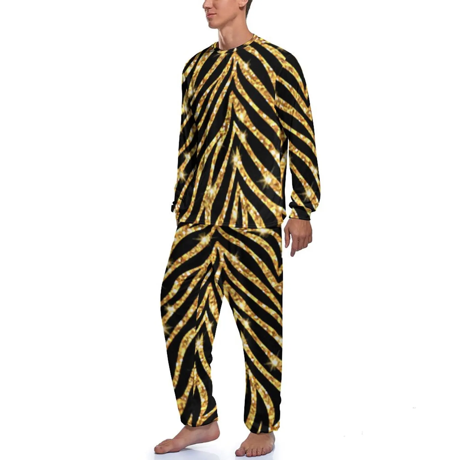 Black And Gold Zebra Pajamas Mens Animal Print Cool Home Suit Daily Long Sleeve Two Piece Casual Pattern Pajama Sets