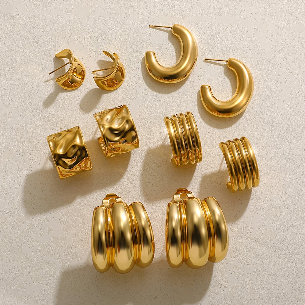 New Polished Chunky C Shape Hoop Earrings Multilayer Arch Wide Huggie Ear Buckle Femal PVD Stainless Steel Gold Plated Jewelry