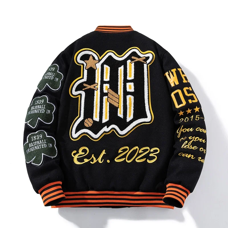 Embroidery Varsity Jacket Men Women Letter Winter American Baseball Jacket Hip Hop Woolen Coat Thick Warm Outwear Parkas Brown