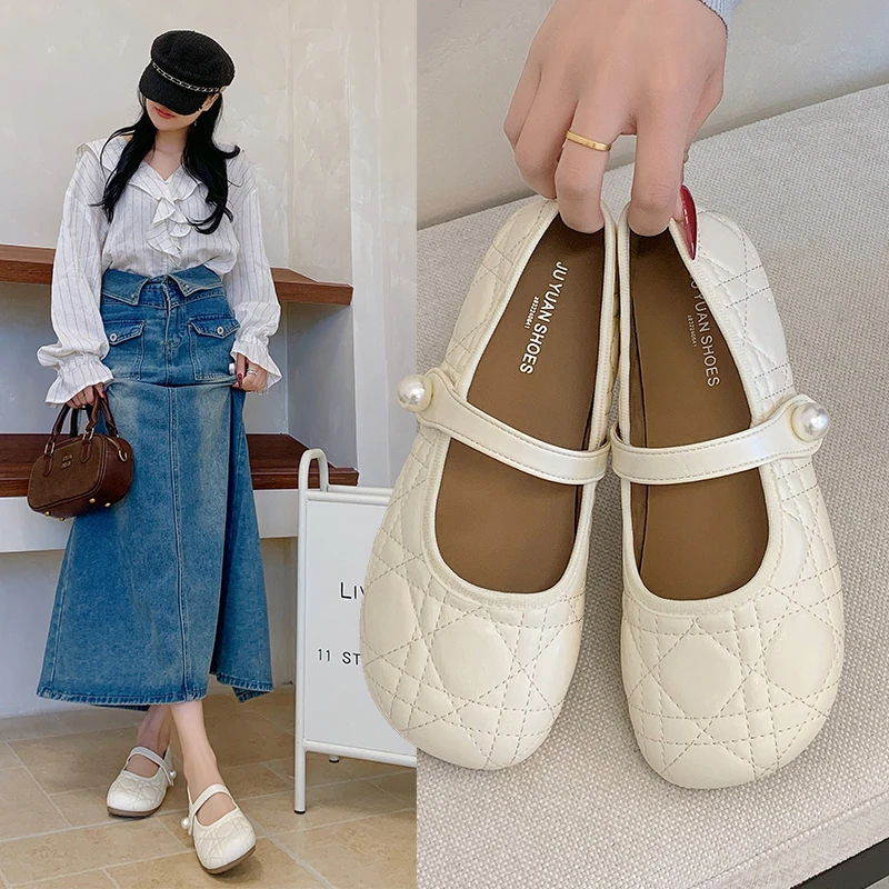 2026年春-美しいシルバーバレエフラット-メリージェーンシューズ-ローカット-ラウンドトゥ-ダイヤモンド柄-レディースカジュアルファッションシューズ