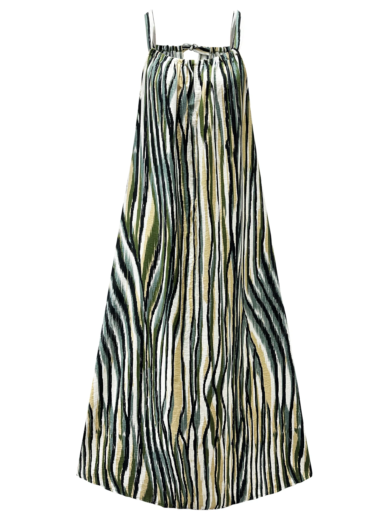 Boho Ikat Streifenmuster Ärmelloses Trägerkleid mit Ausschnitt Lässiges Strand-Maxikleid für Damen – Detail 4