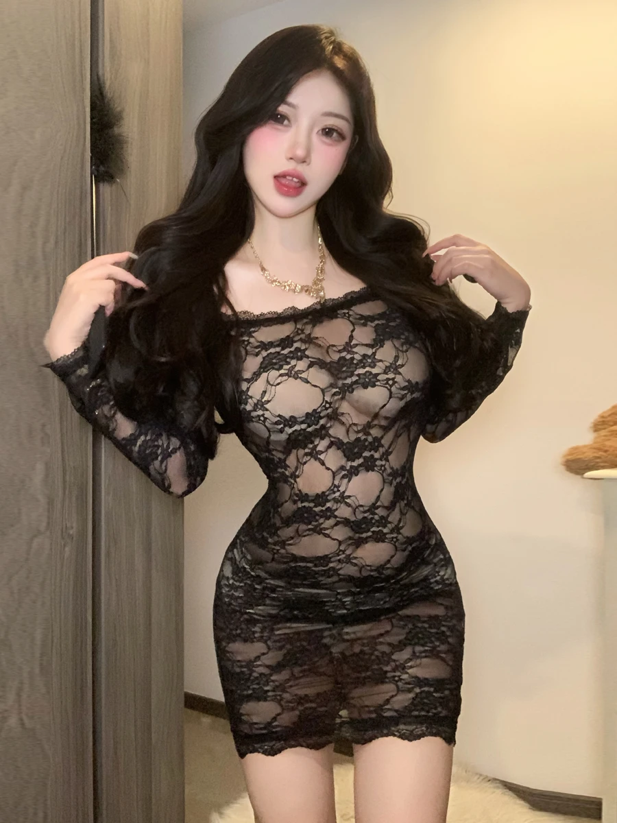 

Sexy Lace See-tough Long Sve One-oulder Bodycon Dr Pure Desire Lobone Hing Women's Spring Autumn Winter Dr
