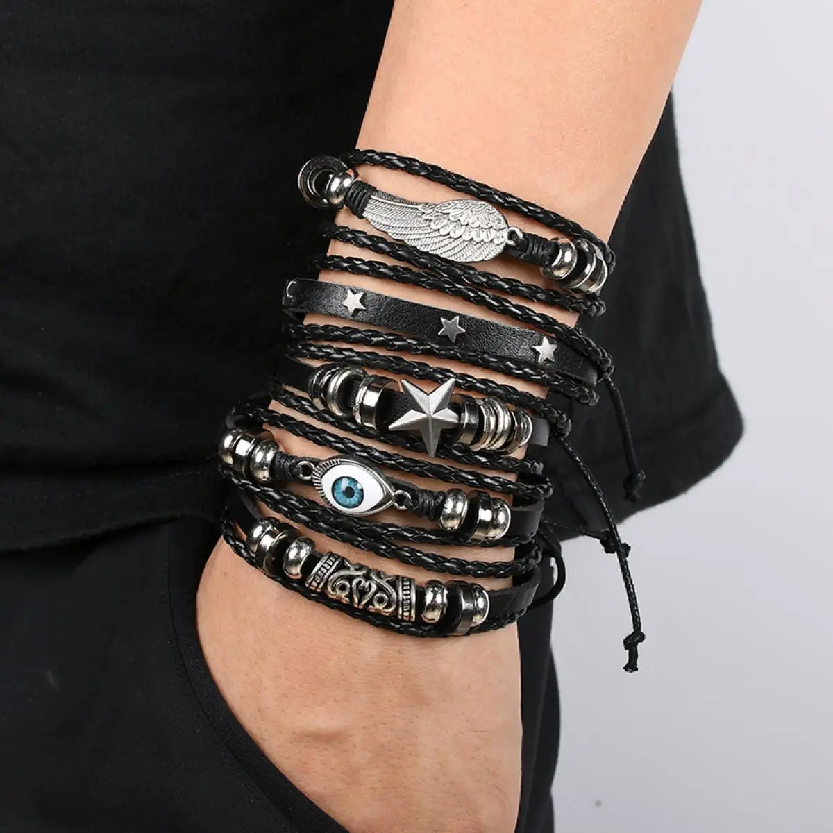 6-piece set Fashion Leather Bracelet Personalized DIY Knitted Leather Bracelet Simple Multi layered Adjustable Cowhide Bracelets