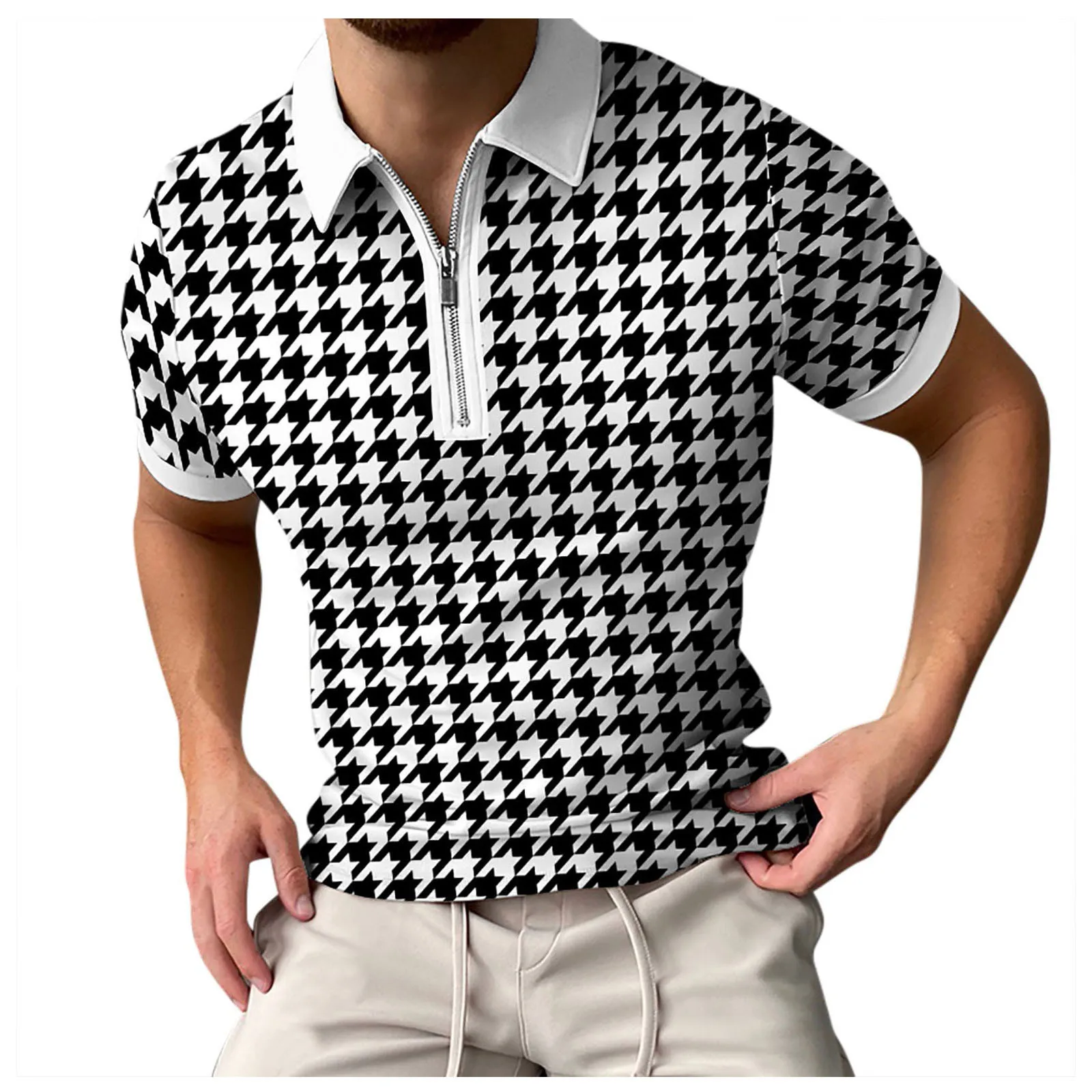 Blusa masculina de manga curta Houndstooth, blusa estampada com zíper lapela, camisa empresarial, tops largas, primavera e verão