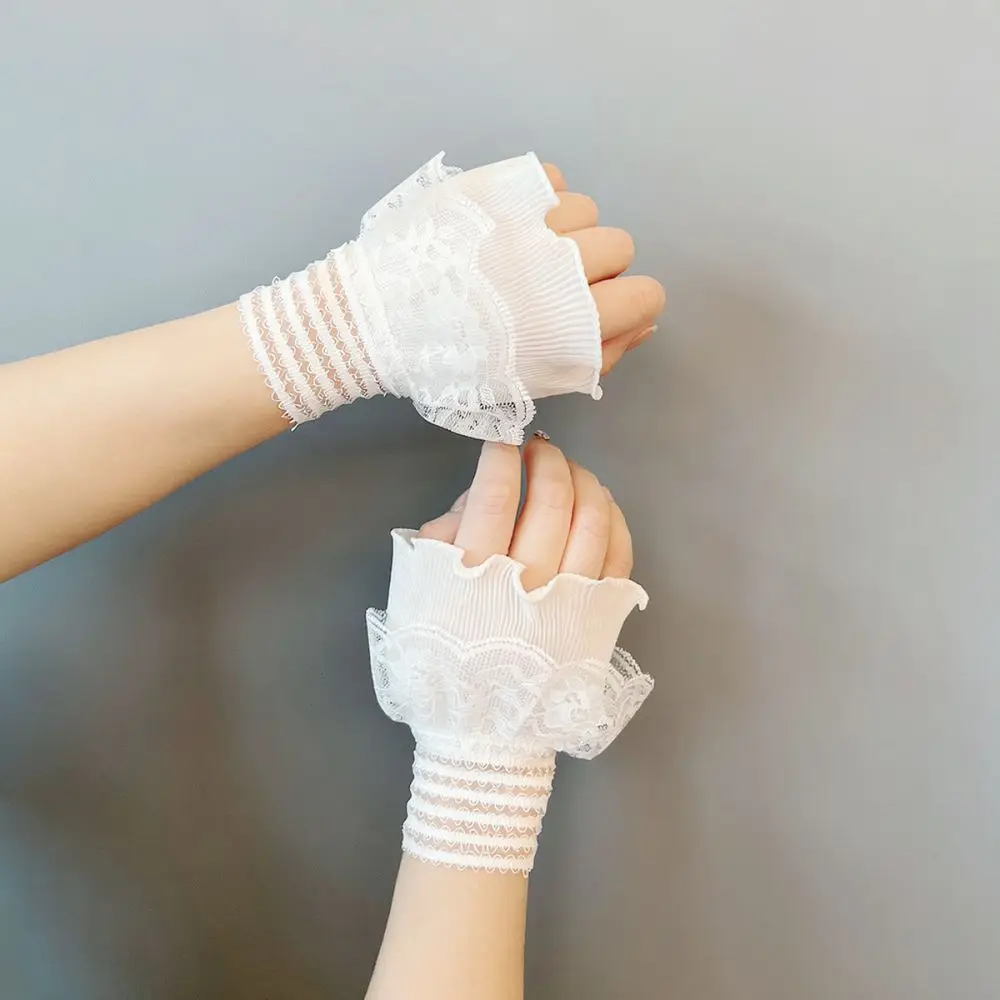 Chic Double Layer Lace Ruffle Cuffs Hollow Out Decorative Wrist Accents Stylish Fashion Accessory For Daily Wear