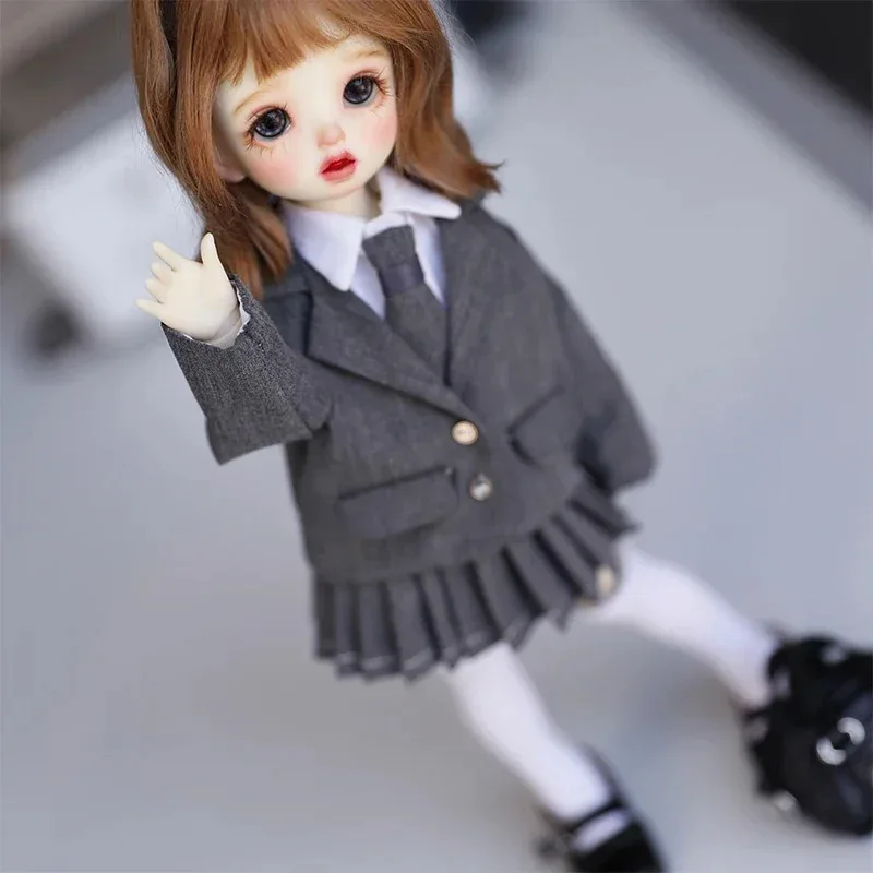 BJD Puppenkleidung für 1/4 1/5 1/6 Größe grauer Anzug Langarm weißes Hemd Faltenrock Krawatte Set Puppenzubehör