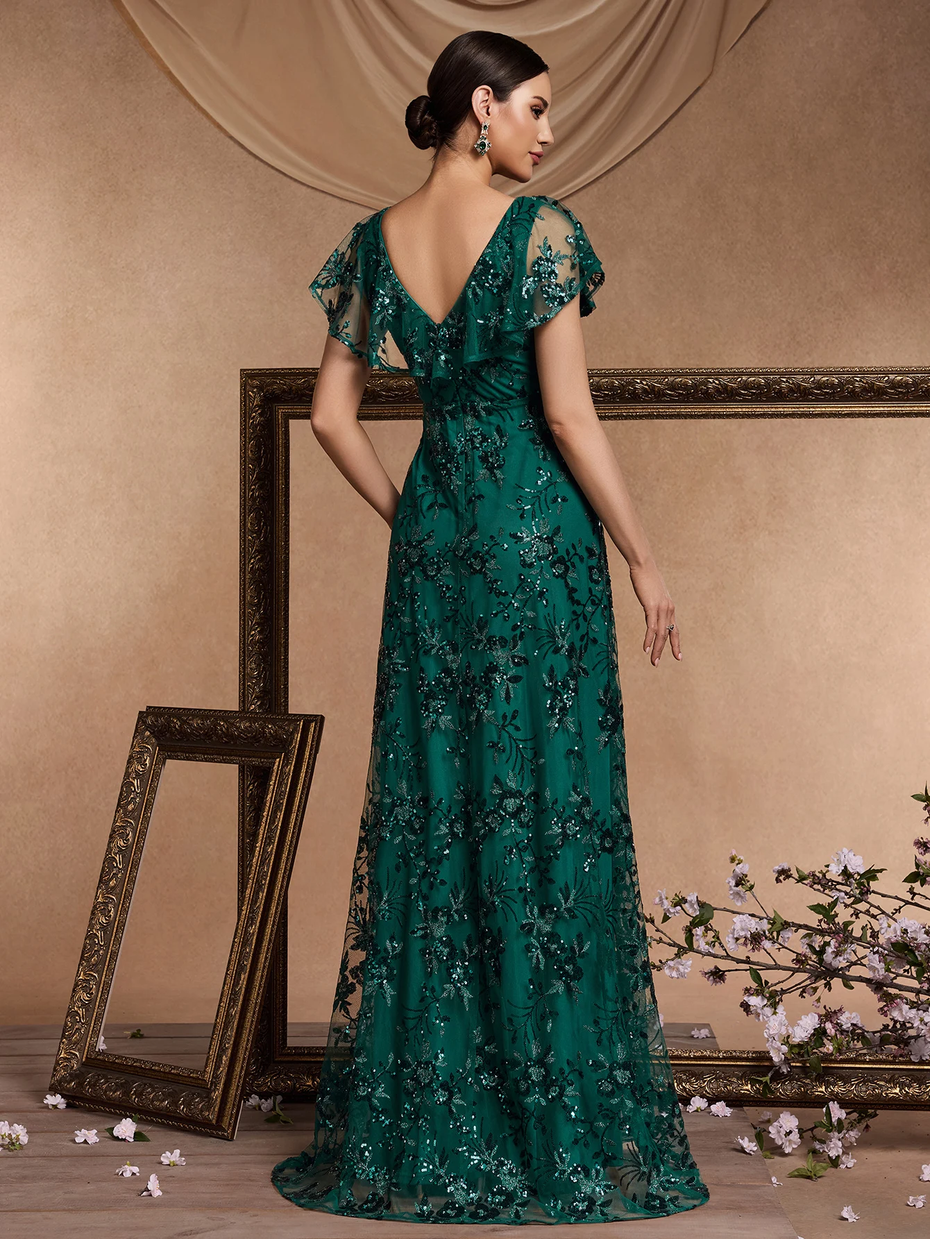 XUIBOLB Luxuriöses bodenlanges Abendkleid mit V-Ausschnitt, lang, 2024, Damen, elegantes Partykleid, Pailletten, kurze Ärmel, Abschlussball-Cocktailkleid