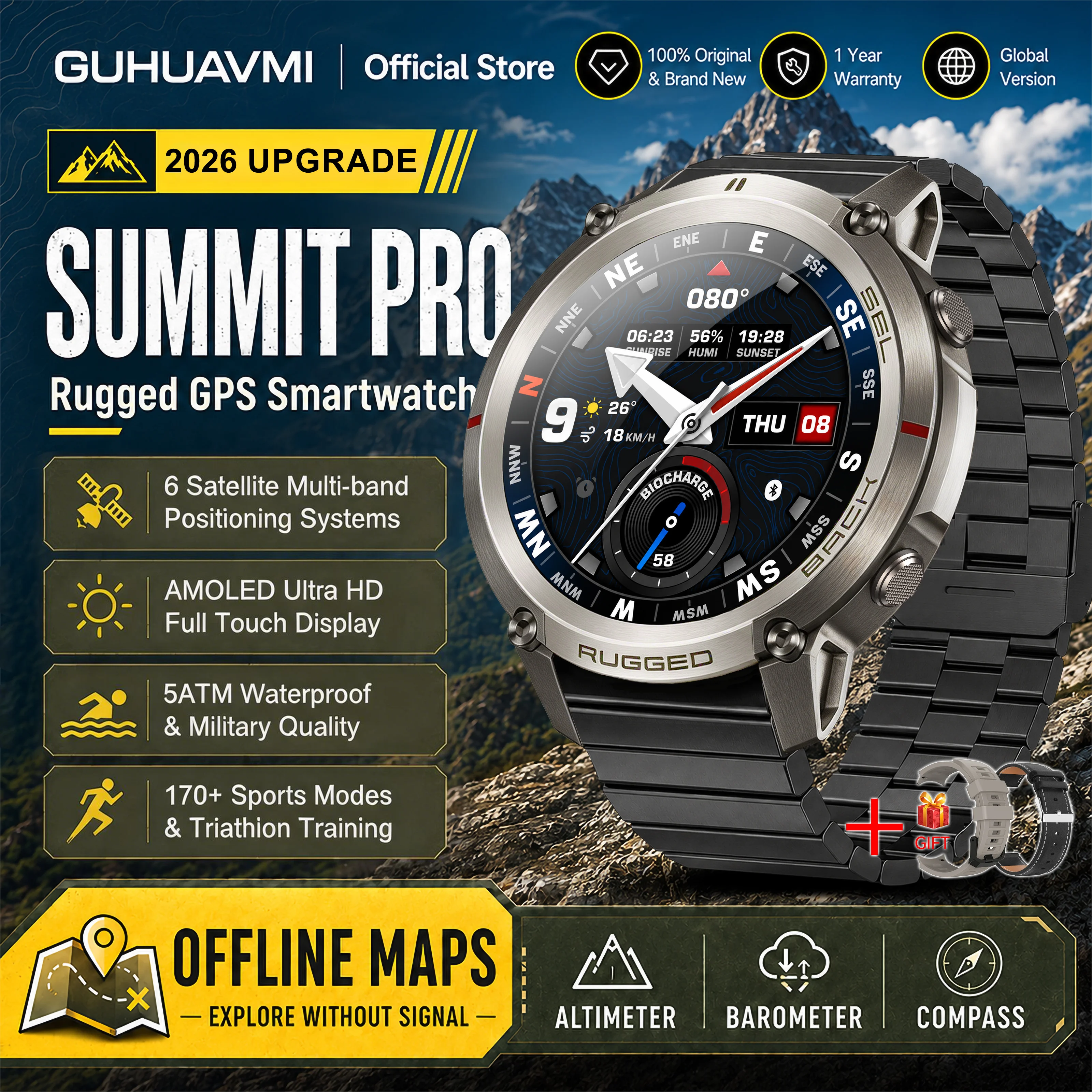 2026 Militärische Satelliten-Offline-Karten-GPS-Smartwatch für Herren 1,43'' AMOLED Bluetooth-Anruf Kompass 5ATM Wasserdicht 170+ Sportarten Smartwatch