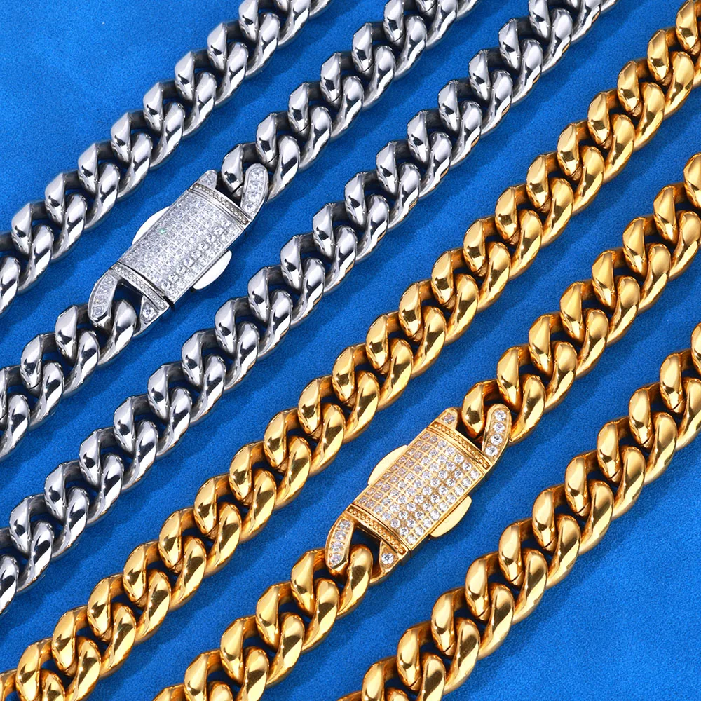 

Кубинская цепочка Майами из нержавеющей стали 12 мм для мужчин, прочное позолоченное однотонное кубинское ожерелье с застежкой Iced CZ