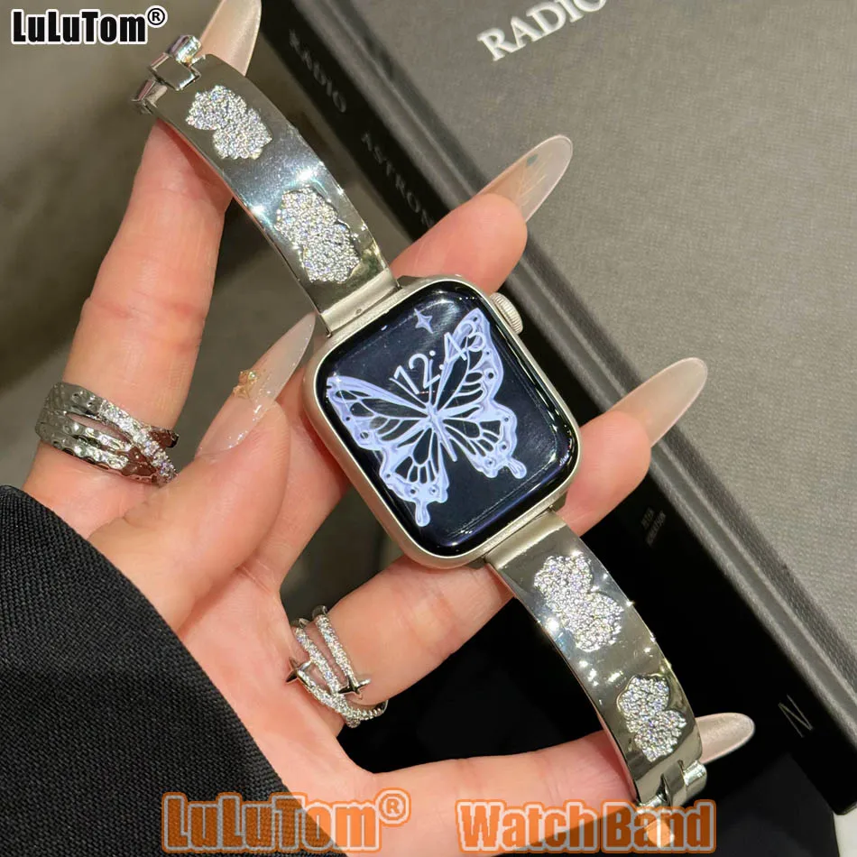 

Роскошный ювелирный браслет для Apple Watch Band 38 40 41 42 44 45 46 49 iWatch Series 10 9 8 7 6 5 SE Ultra Butterfly Diamond Strap