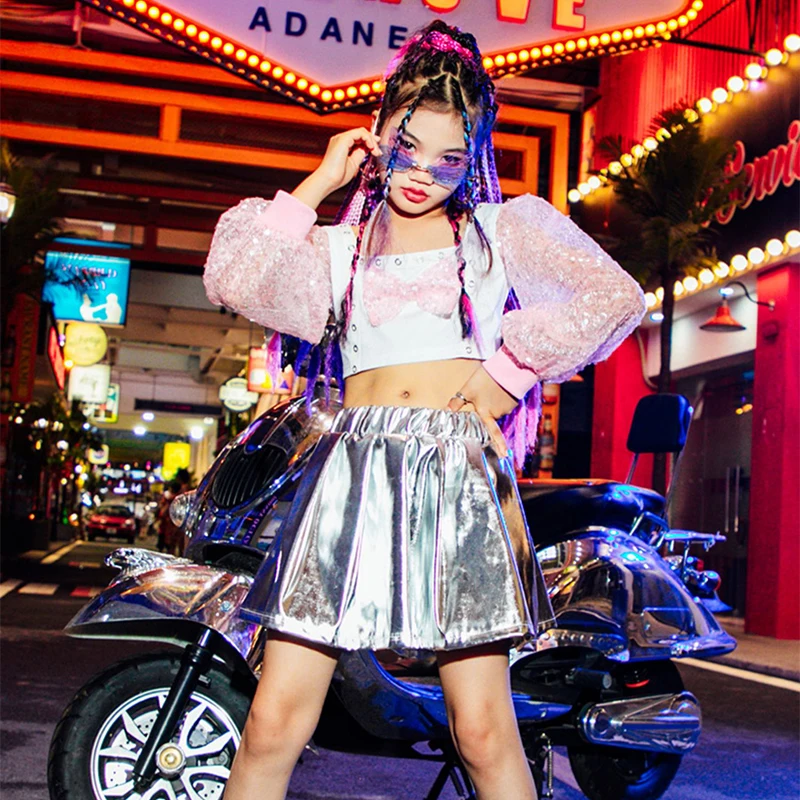 

Girls Concert Performance Costume Sequins Puff Sleeve Tops Silver Skirt Kpop Jazz Dance Outfit Cheerleading Clothes DL10112
