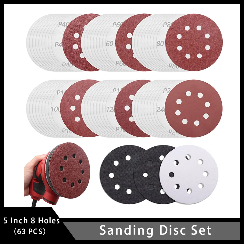 

5 Inch 8 Holes Sanding Disc Set Hook and Loop Sandpaper with Interface Buffer Pads for Random Orbital Sanders Polishing