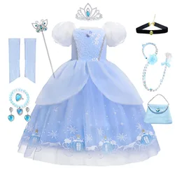 Cinderella Princess Cosplay Dress for Girl Kids Ball Gown Sequin Carnival Puff Sleeve Mesh Clothing for Birthday Party Vestidos