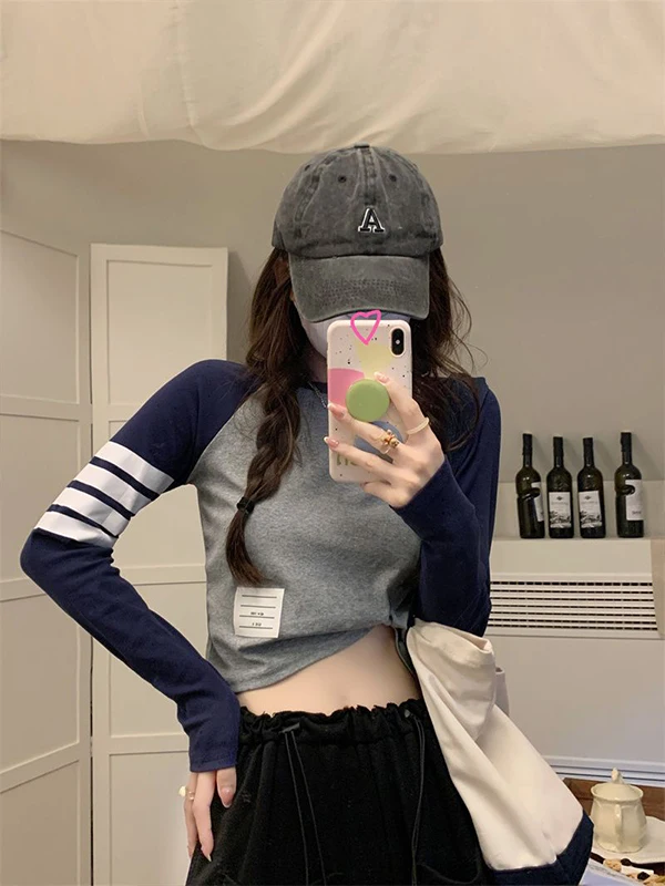 

Ретро-футболка с длинным рукавом в американском стиле с цветовыми блоками, женская спортивная облегающая укороченная базовая футболка, повседневная осенняя модная женская одежда