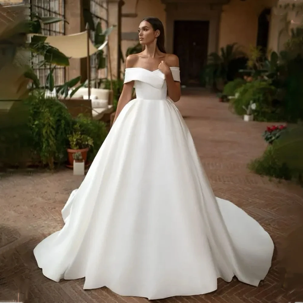 

Luxurious Off The Shoudler Sweetheart Satin A line Wedding Dresses Sweep Train 2025 Vestido De Noival