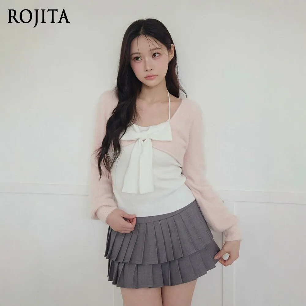 

Sweet Lace-up Knitted Vest with A Large 3d Bow on The Chest and Long-sleeved Cardigan Two-piece Set for Women's Outfits