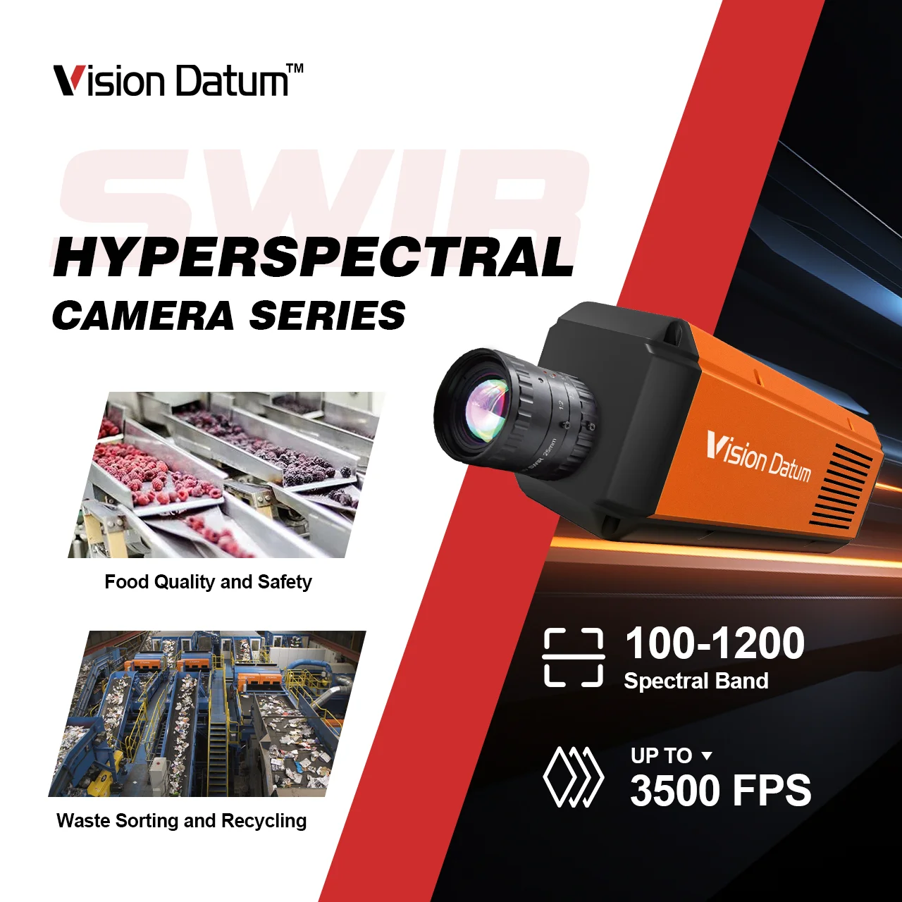 600/1200 النطاق الطيفي 3500 إطارًا في الثانية 900-1700 نانومتر 400-2500 نانومتر NIR SWIR كاميرا فرز عالية السرعة للزراعة الدقيقة