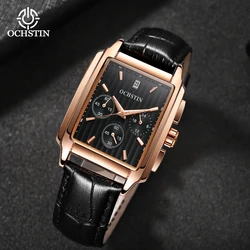 OCHSTIN Top Original Men Watch Waterproof Multi-functional Quartz Leather Men's Watch Date Rectanglel Luminous Watches Male