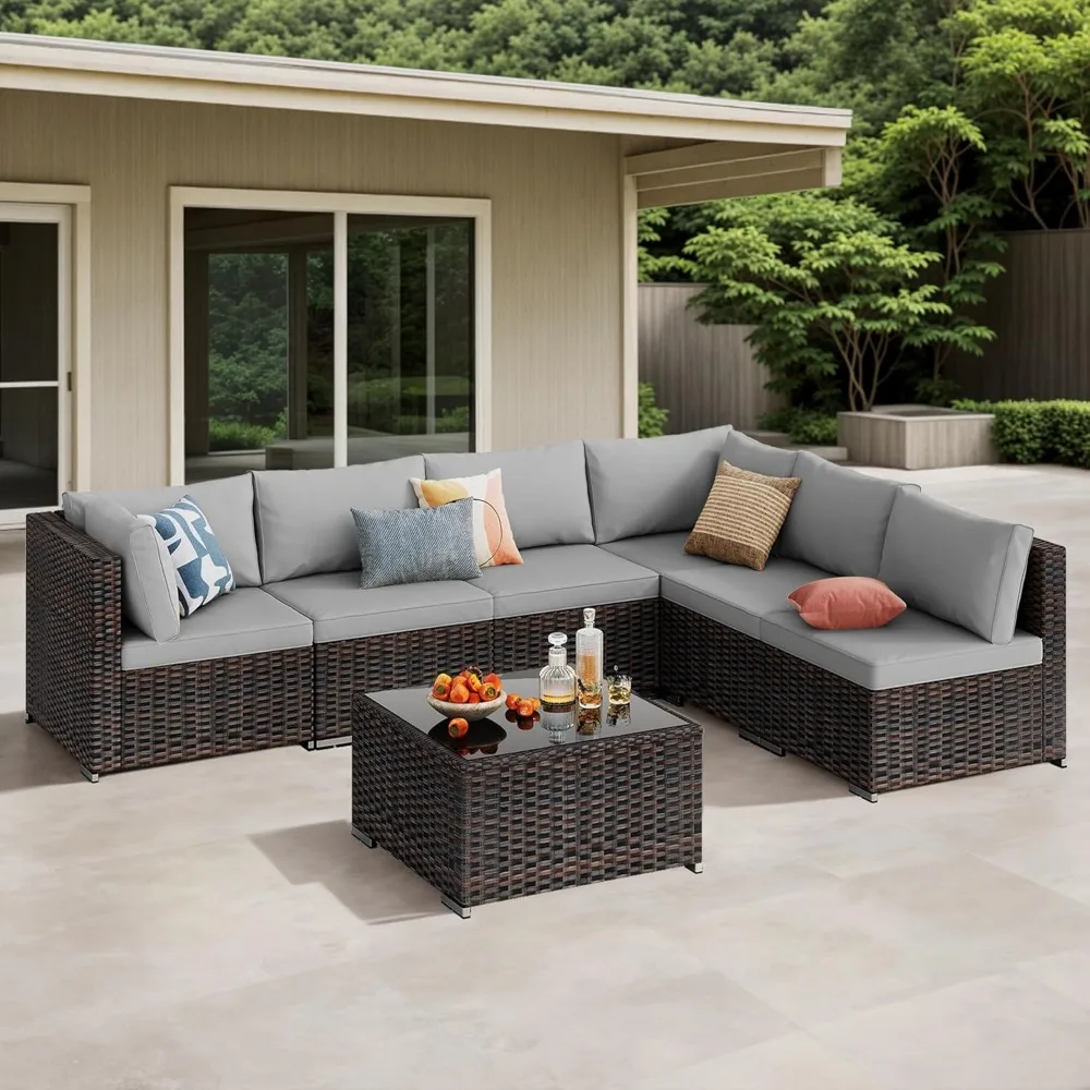 

7 Pieces Outdoor Patio Furniture Set,PE Rattan Outdoor Wicker Sectional Furniture Sofa Set, with Cushions and Glass Coffee Table