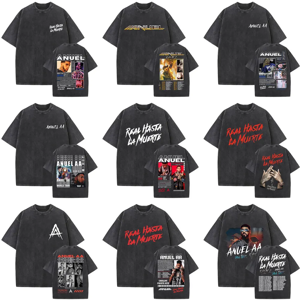 

Washed Vintage Rapper Anuel AA Graphic Print T Shirt Real Hasta La Muerte Tour 2025 T-shirt Men Women Hip Hop Oversized T-shirts