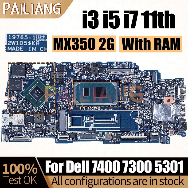 For Dell Inspiron 7400 7300 5301 Notebook Mainboard 19765-1 i3 i5 i7 11th Gen MX350 2G With RAM 09JX16 Laptop Motherboard Tested