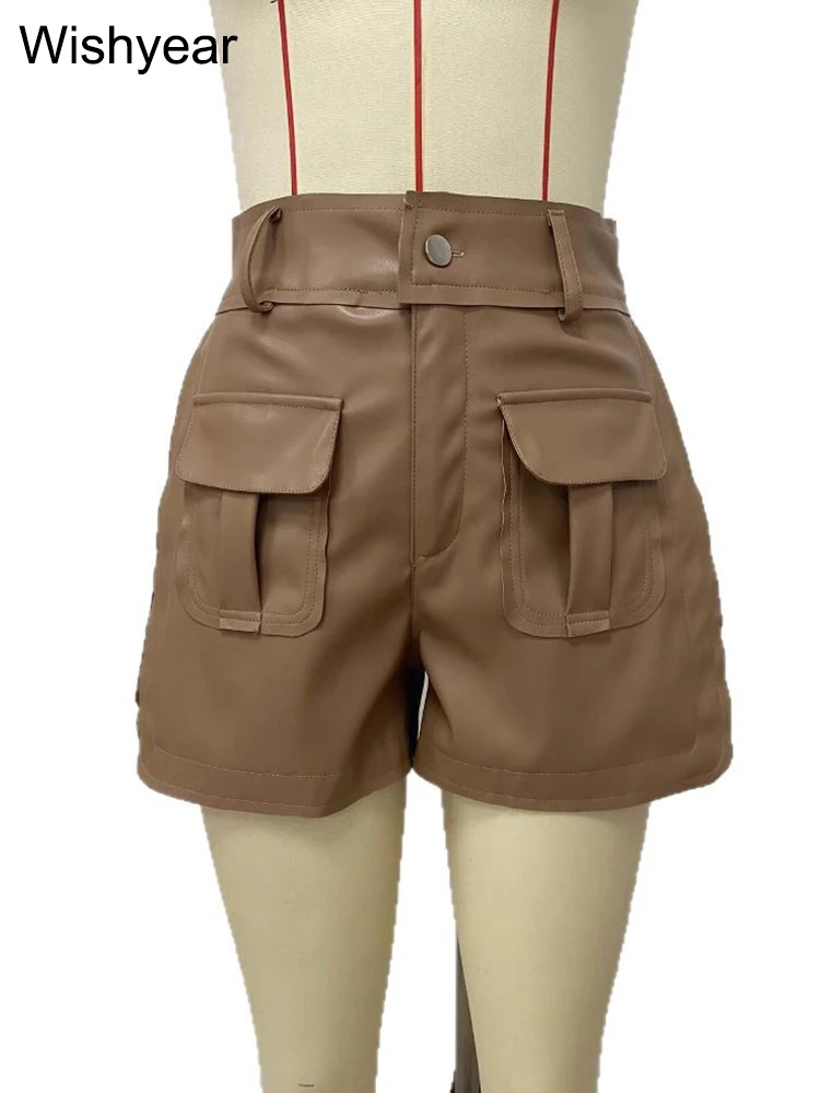 Fashion Khaki PU Leather Shorts Women Hipster High Waist Hip Pocket Wide Legs Pants Party Club England Style Female Bottoms Y2K