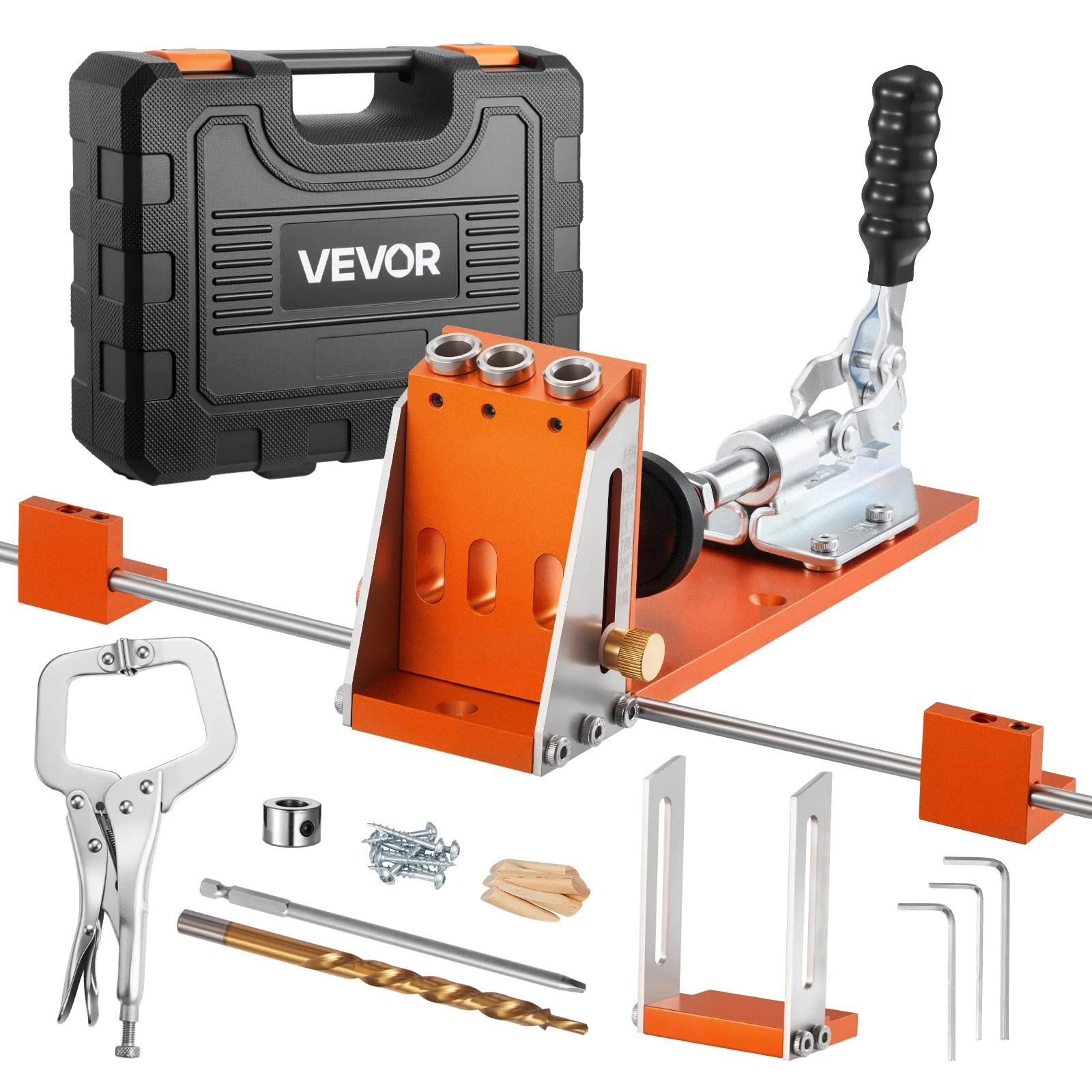 Kit de plantilla para agujeros ocultos VEVOR, ajustable de 1/2 a 1-1/2 pulgadas, sistema de plantilla para agujeros ocultos con estuche de herramientas, abrazadera en C, broca escalonada, llave hexagonal, anillo de paro para taladro, broca de punta cuadrada, marco de metal reforzado, para trabajar la madera