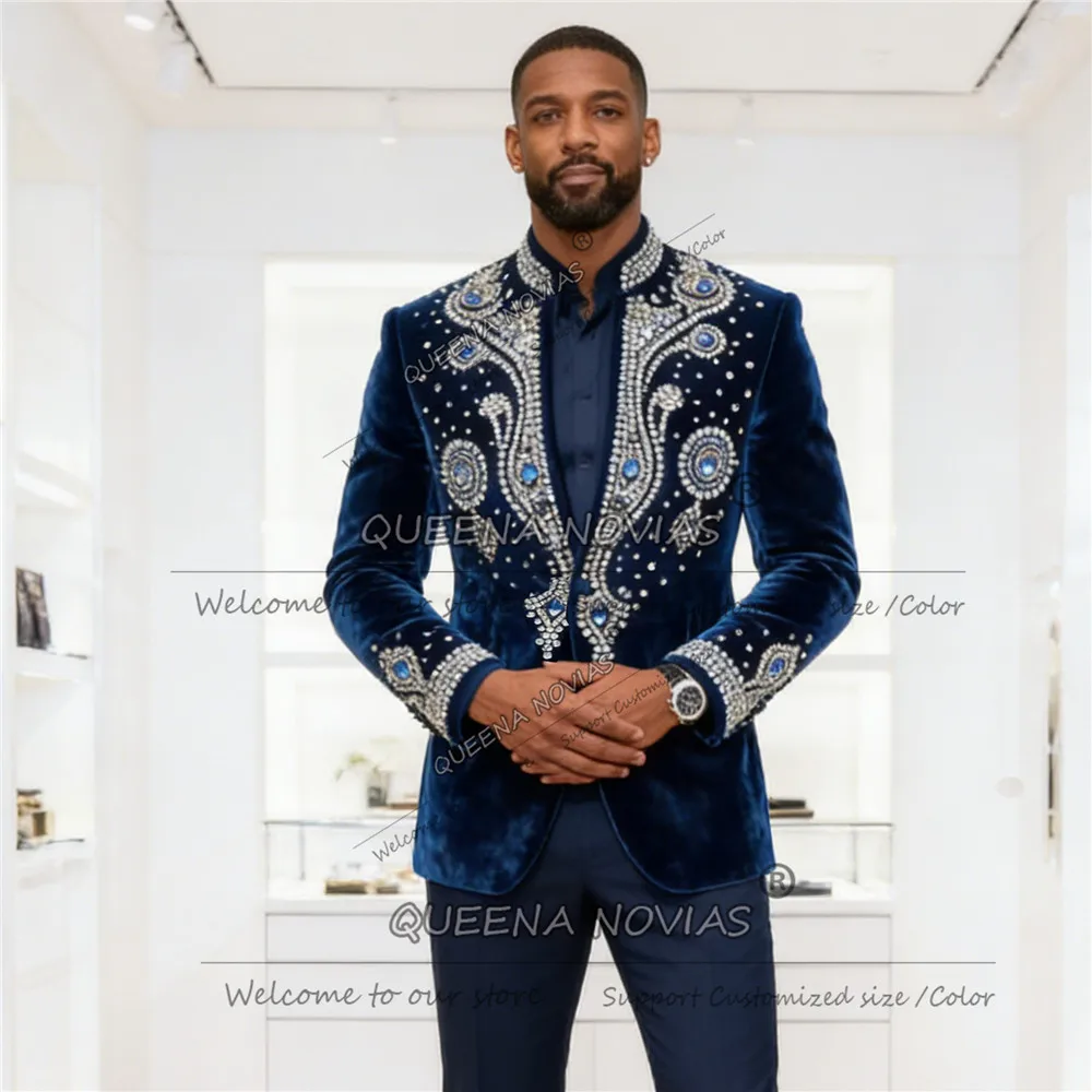 Exclusive Beaded Stones Suits Men For Wedding Italian Design Velvet Prom Blazer Pants 2 Piece Set Groom Wedding Tuxedos Outfits