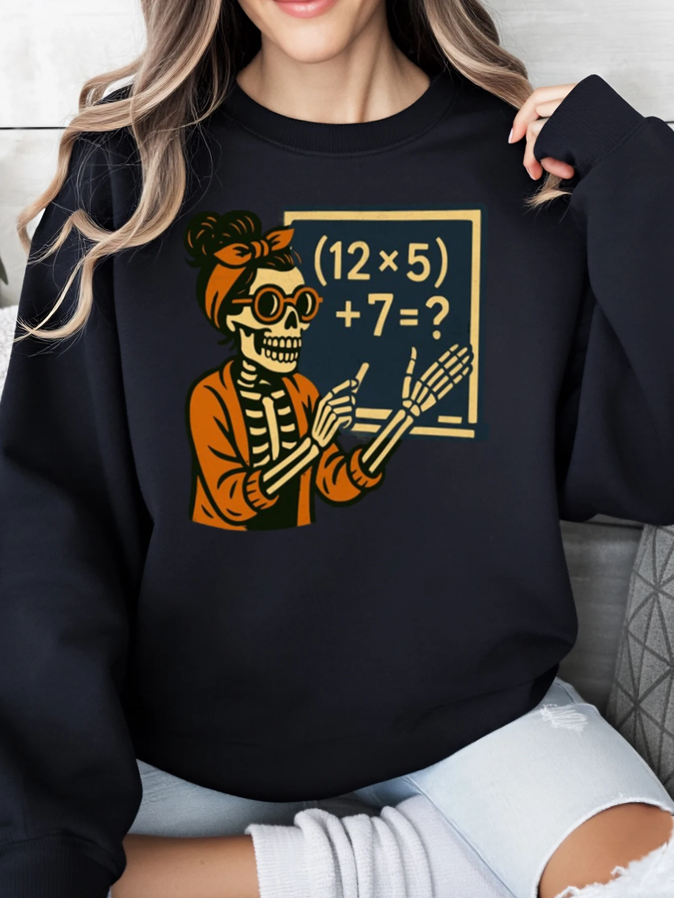 Sudadera de Halloween con problema de matemáticas para profesor de esqueleto, ropa informal para mujer, disfraz de fiesta negro de talla grande