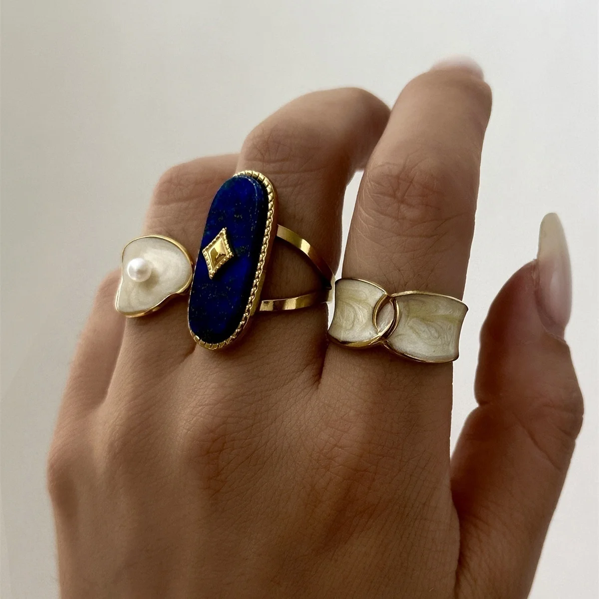 Edelstahl-Rechteck-Naturstein-Emaille-Fingerringe für Damen und Herren, königlicher Vintage-geometrischer Imitationsperlenring, Schmuck – Detail 6