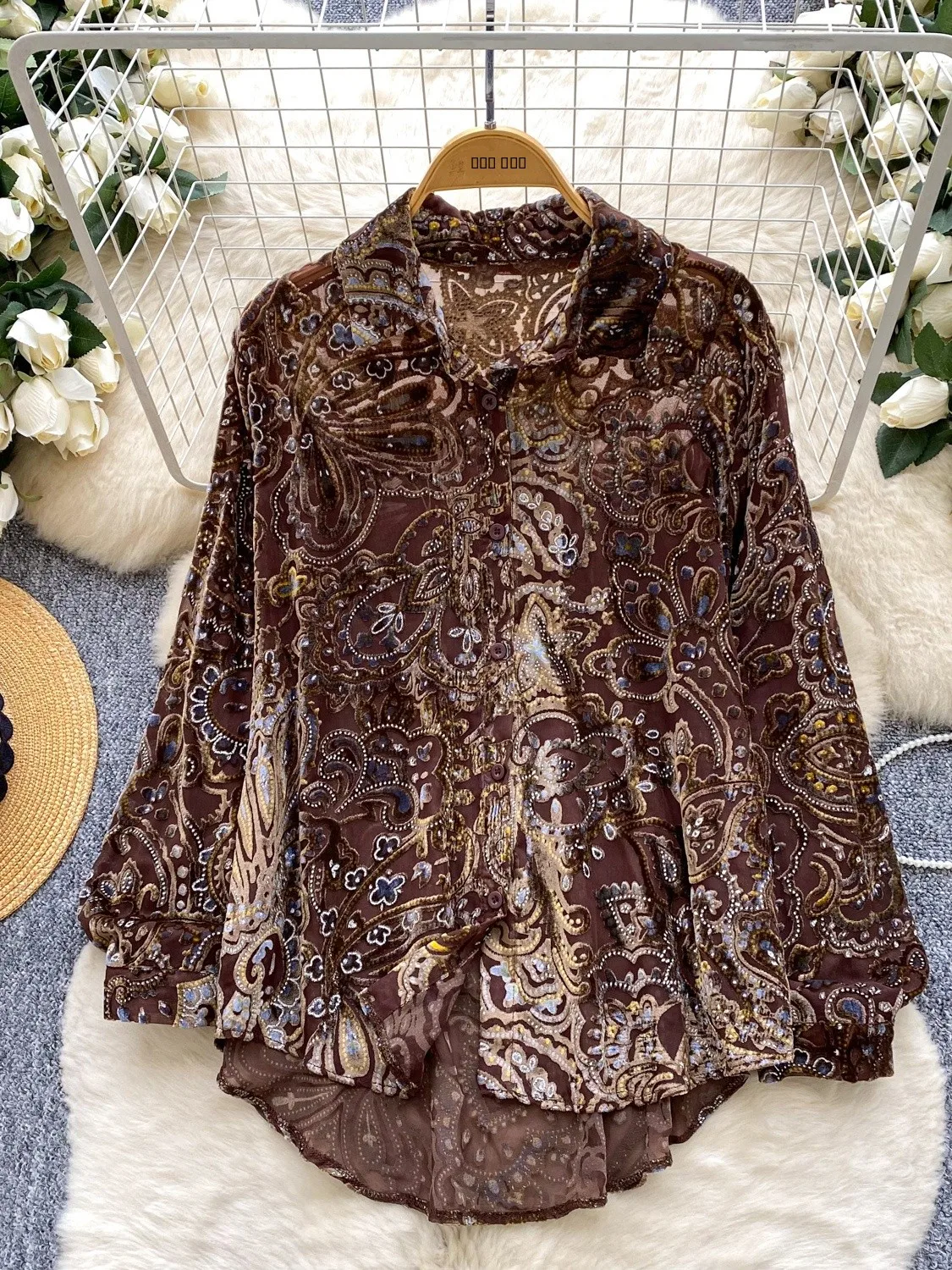 Ele Heavy Embellied Velvet Me irt المرأة فضفاضة التخسيس عادية متعددة الاستخدامات Faionable صافي irt للخريف #3