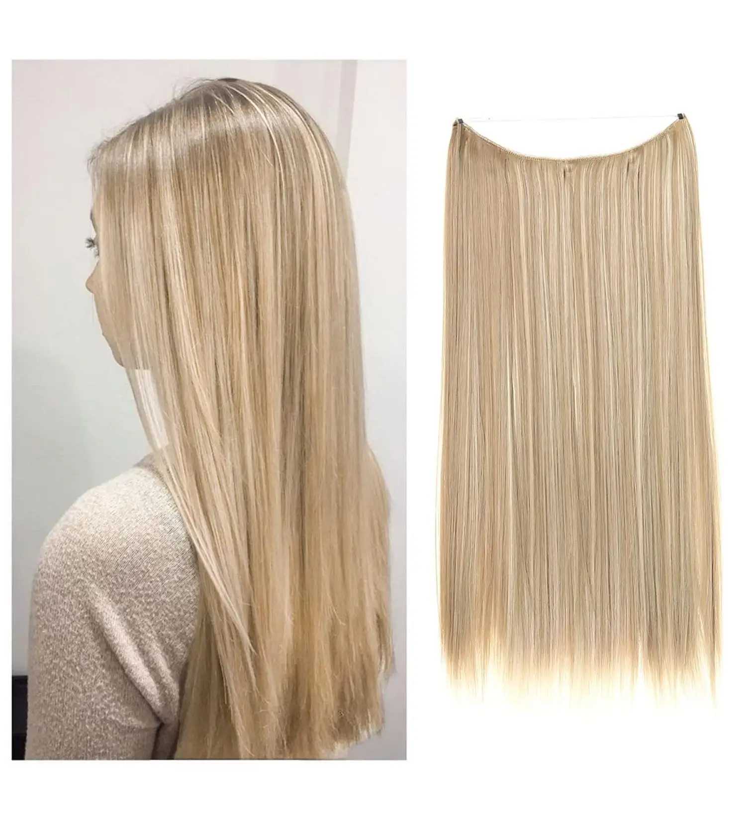 

Fish Line Remy Straight Human Hair Extensions Clip in Natural 12" - 26" Invisible Wire Hairpieces for Women