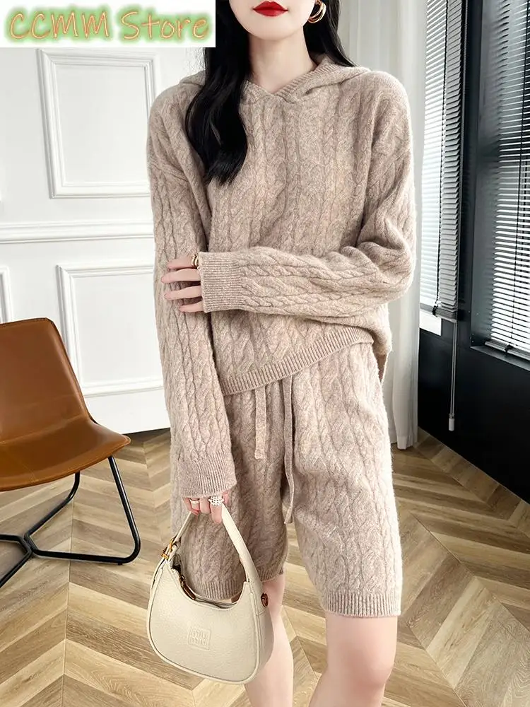 High Quality Suit Spring Autumn Pure Wool Knitted Hoodie Women's Pullover Sweater And Short Pants Two-Piece Female Clothing