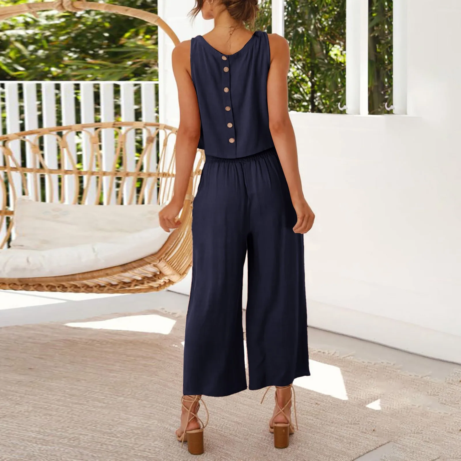 Women Summer Casual Linen 2 Piece Pants Set Solid Elegant Two Piece Suit Sleeveless Wide Leg Trouser 2023 New In Matcing Sets