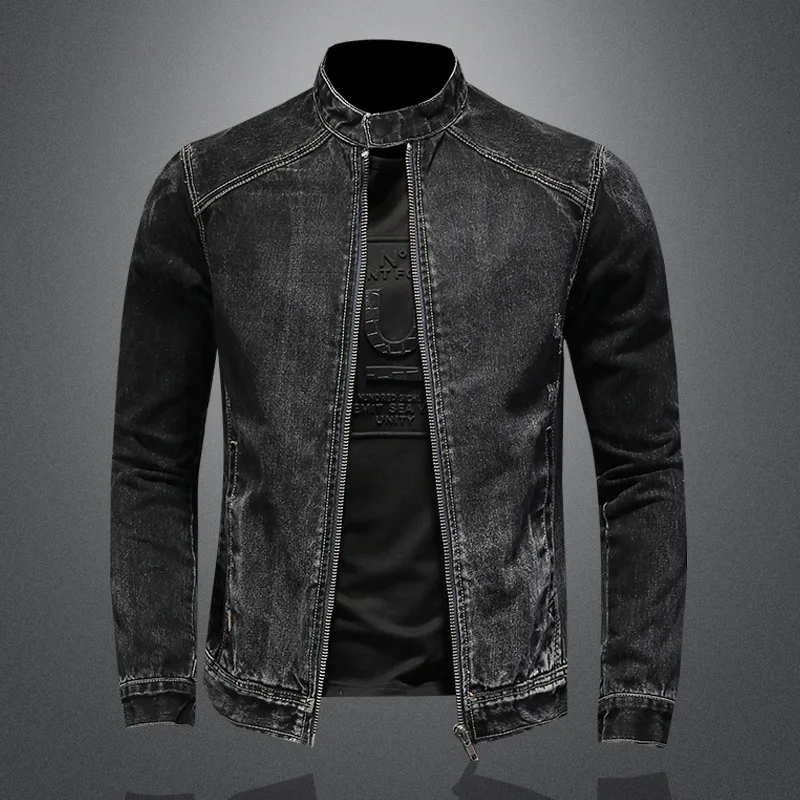 2024 New Spring and Autumn Collar Zipper Denim Jacket Men's Plus Size Trendy Motorcycle Jacket