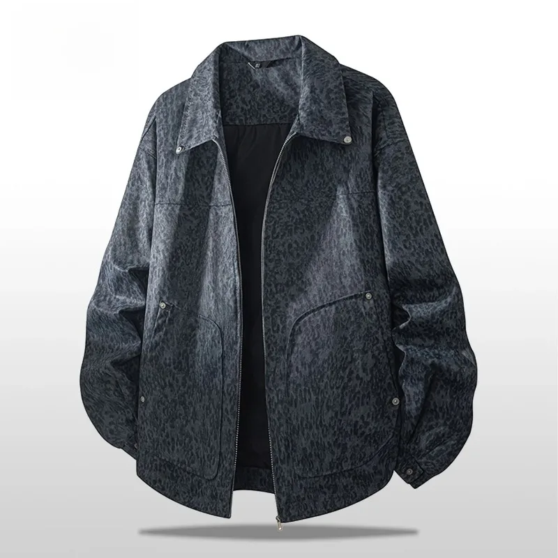 

Мужская кожаная куртка с воротником-стойкой и застежкой-молнией, маленькое длинное пальто с леопардовым принтом, весенне-осенняя свободная повседневная верхняя одежда в стиле ретро