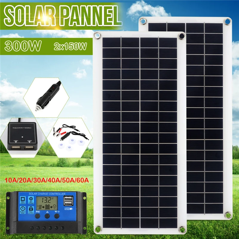 Kit de Panel Solar de 150W y 300W, batería de carga de 12V con módulo controlador de 30A y 60A, Banco de energía de batería de 2 puertos USB para