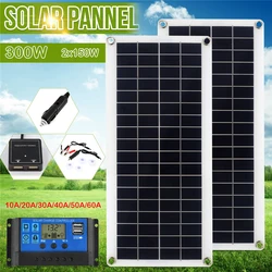 Kit de Panel Solar de 150W y 300W, batería de carga de 12V con módulo controlador de 30A y 60A, Banco de energía de batería de 2 puertos USB para teléfono, RV y coche