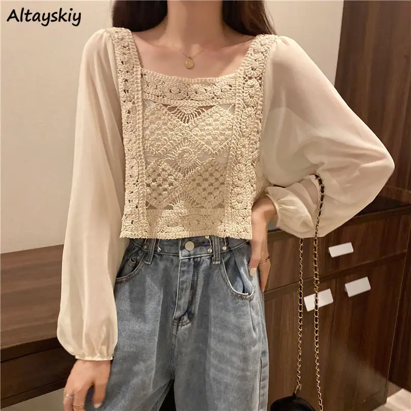 Blouses Women Long Sleeve Knitting Hollow Out Chiffon Patchwork Slim Korean Style Retro Spring Summer Sun-protected Elegant Tops