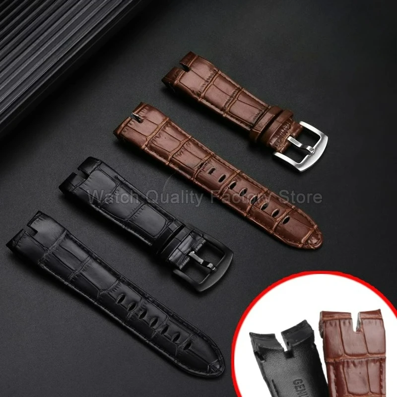 Bamboo-Veined 26mm Authentic Leather Watchband for Roger Dubuis EXCALIBUR Black Brown Concave Fit Stainless Steel Needle Buckle