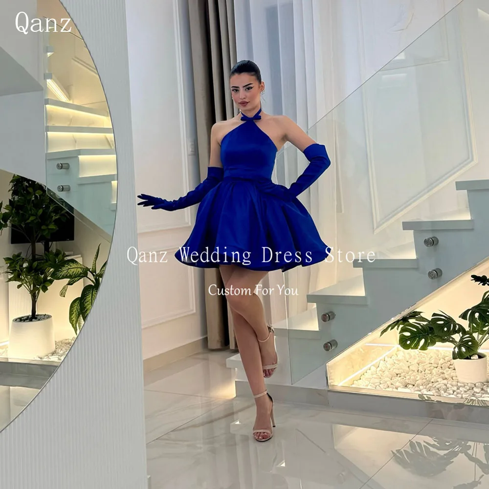 

Qanz Royal Blue Prom Dresses Halter Neck Homecoming Dresses Mini A Line Vestidos De Graduación Elegantes Juveniles Customized