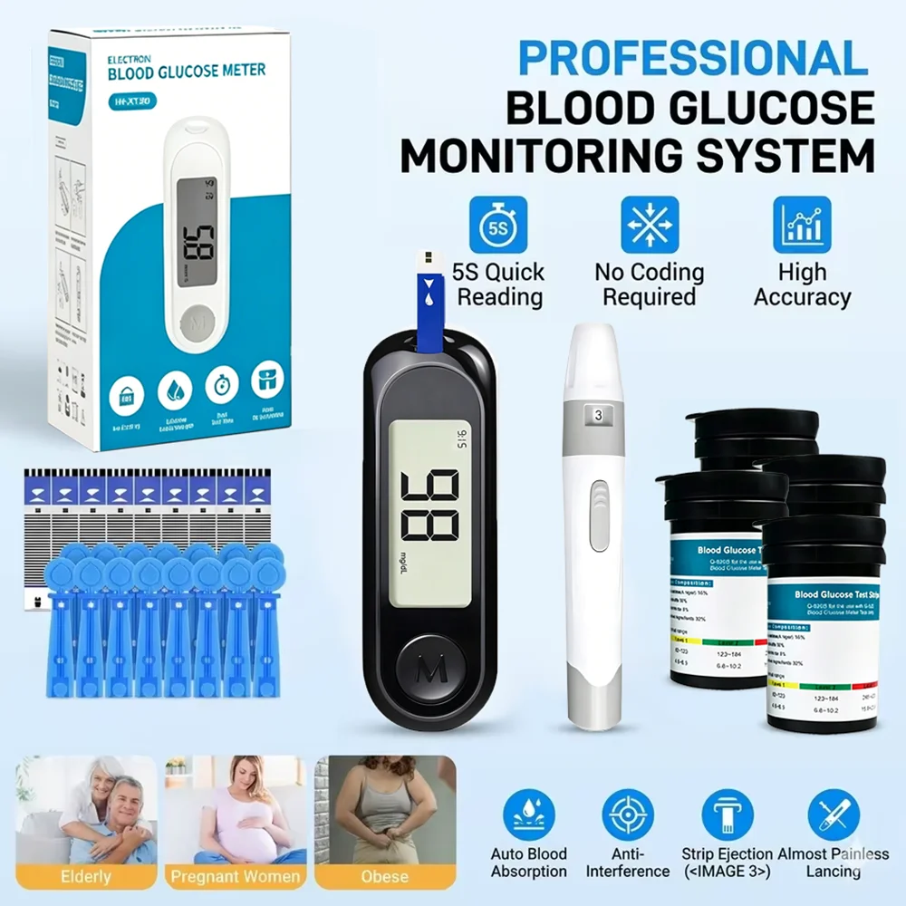 Glucometro Médico com 50 Tiras de Teste e Lancetas, Kit Medidor de Glicose no Sangue, Monitor de Açúcar para Diabetes
