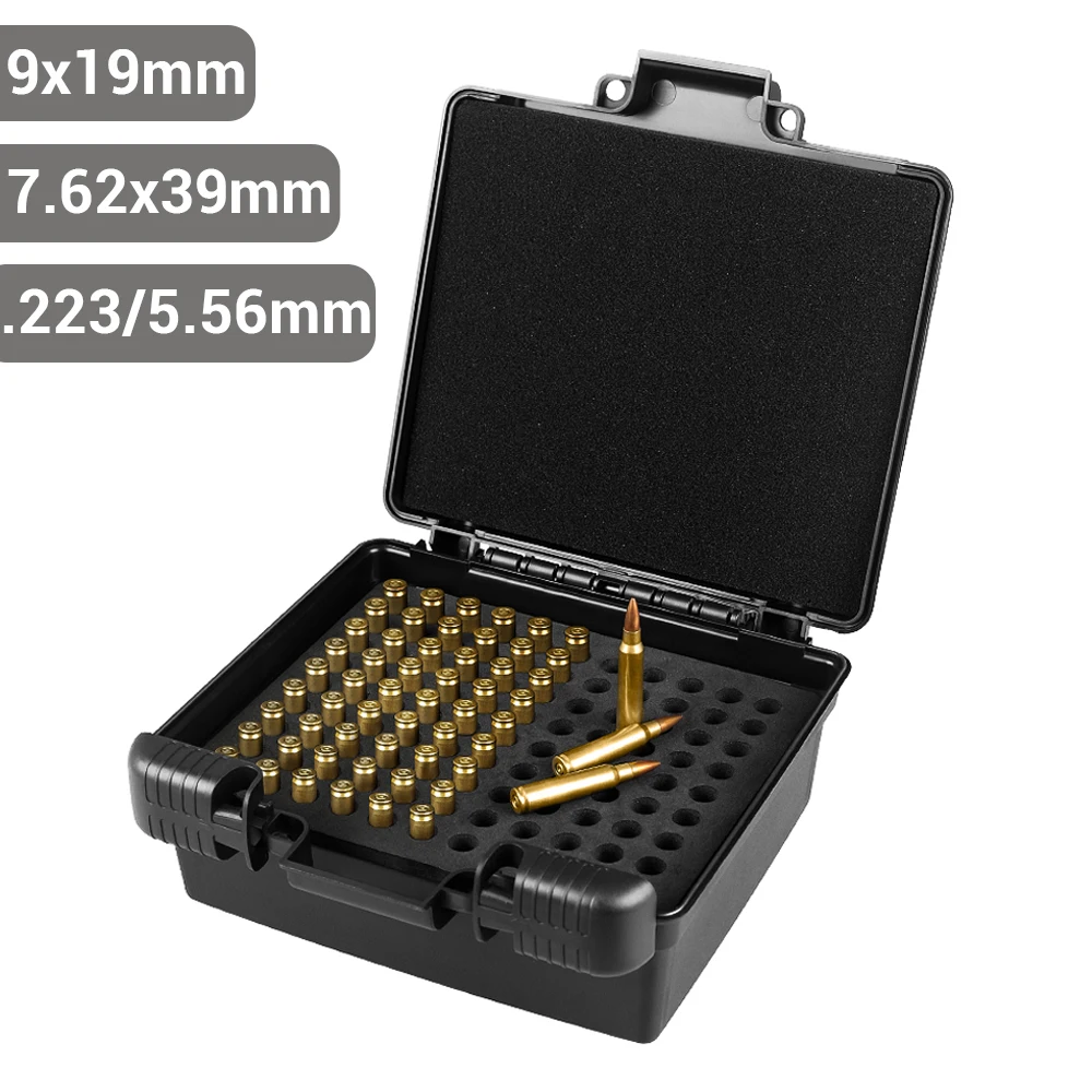 99 Rounds Bullet Box Ammo Case 9mm .223/5.56mm 7.62x39 Pistol Rifle Ammo Carry Storage Box Flip-Top Hunting Bullet Case