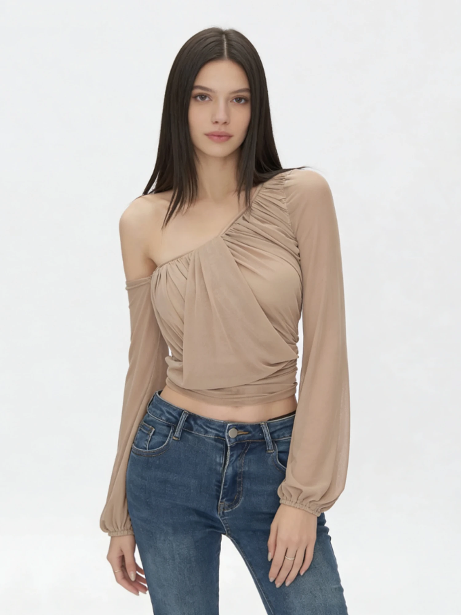 Women's Khaki Sexy Off Shoulder T-shirt Y2k Tee Top Gyaru Vintage Aesthetic Long Sleeve T-Shirt 2000s Clothes Spring Summer 2026