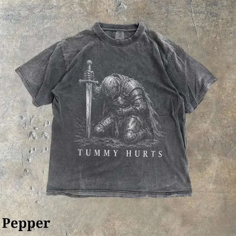 Comfort Colors Tummy Hurts Knight Shirt, Funny Fantasy Meme Tee, Retro Dark Humor Graphic T-Shirt, Gamer Girl Gift, Medieval Adventure Apparel
