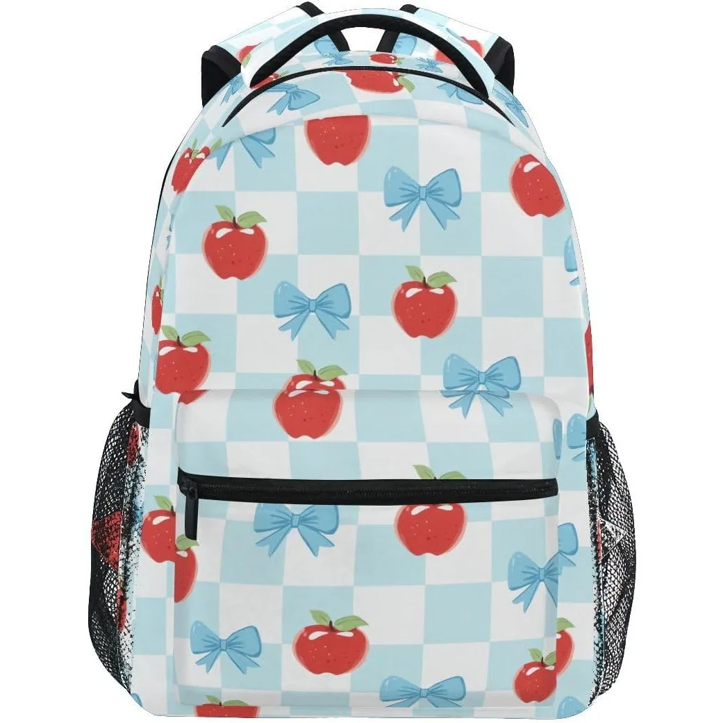 

Light Blue Checkered Apple Bow Print Backpack Cute Fruit Pattern School Bag Lightweight Casual Daypack For Students Travel Daily