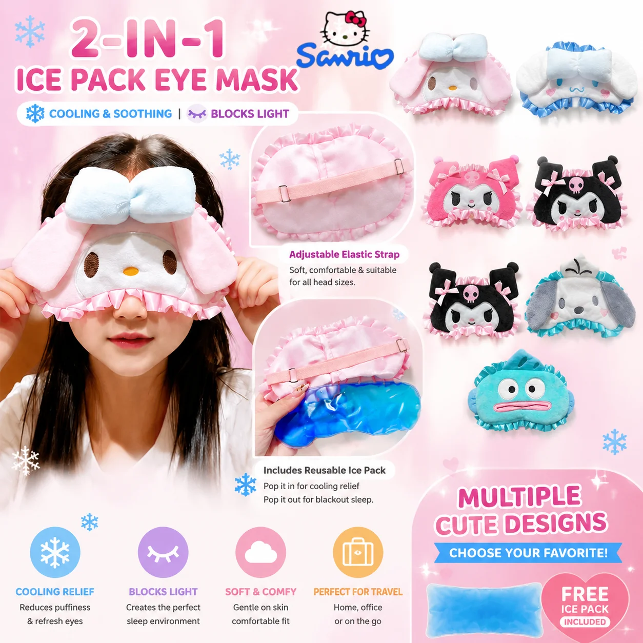 Sanrio Cute Kuromi Cartoon Eye Mask Blackout Soft Sleep Eyeshade Ice Pack Eye Mask Portable Travel Supplies Gifts Sleep Aid Tool