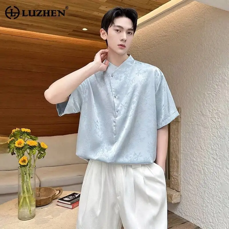

LUZHEN 2026 Summer High Quality Satin Jacquard Embroidery Chinese Style Short Sleeve Shirts Men Cross Placket Casual Tops JY6598
