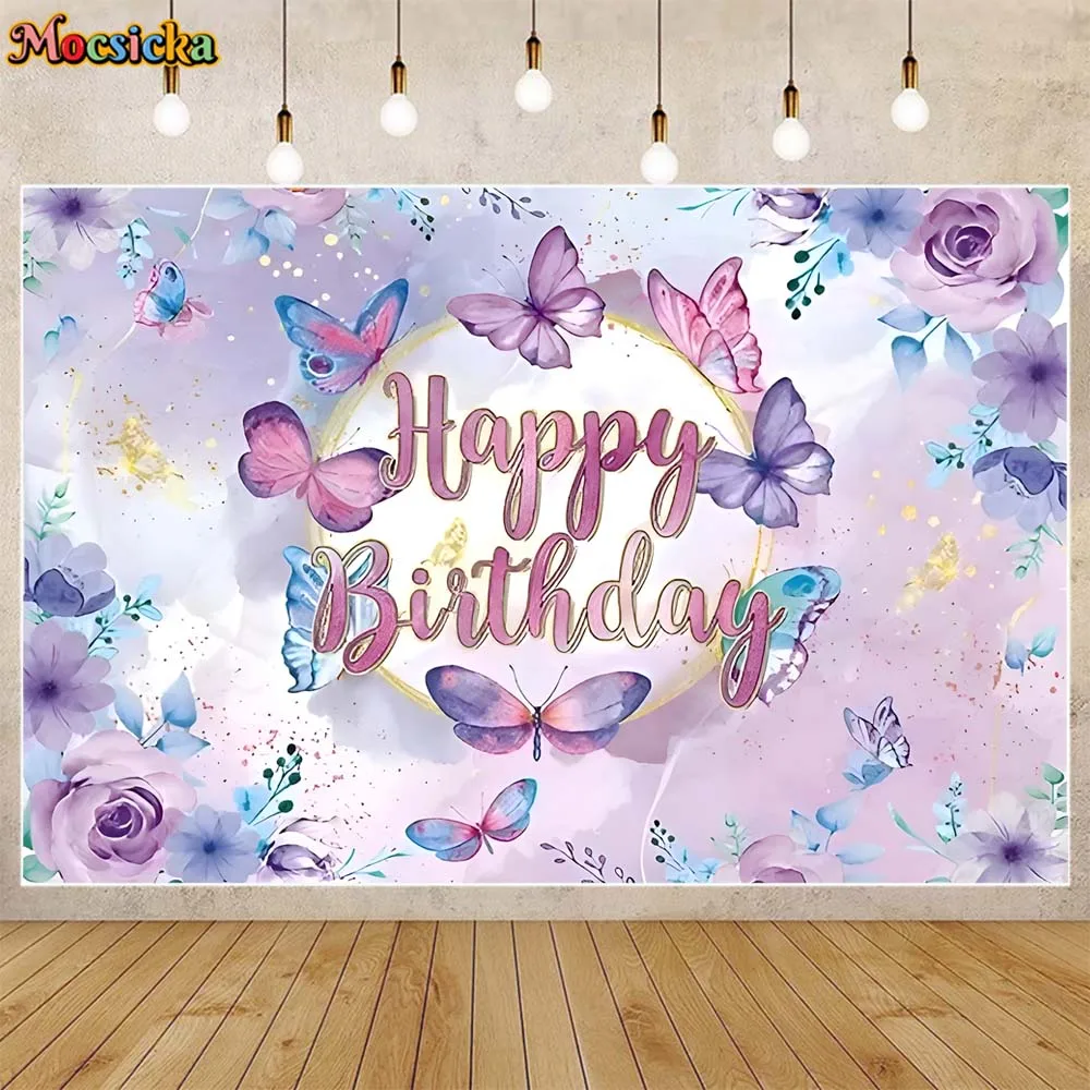 

Mocsicka Baby Kids Birthday Background Purple Butterfly Flowers Girl Birthday Party Decoration Backdrop Banner Photo Shoot Props