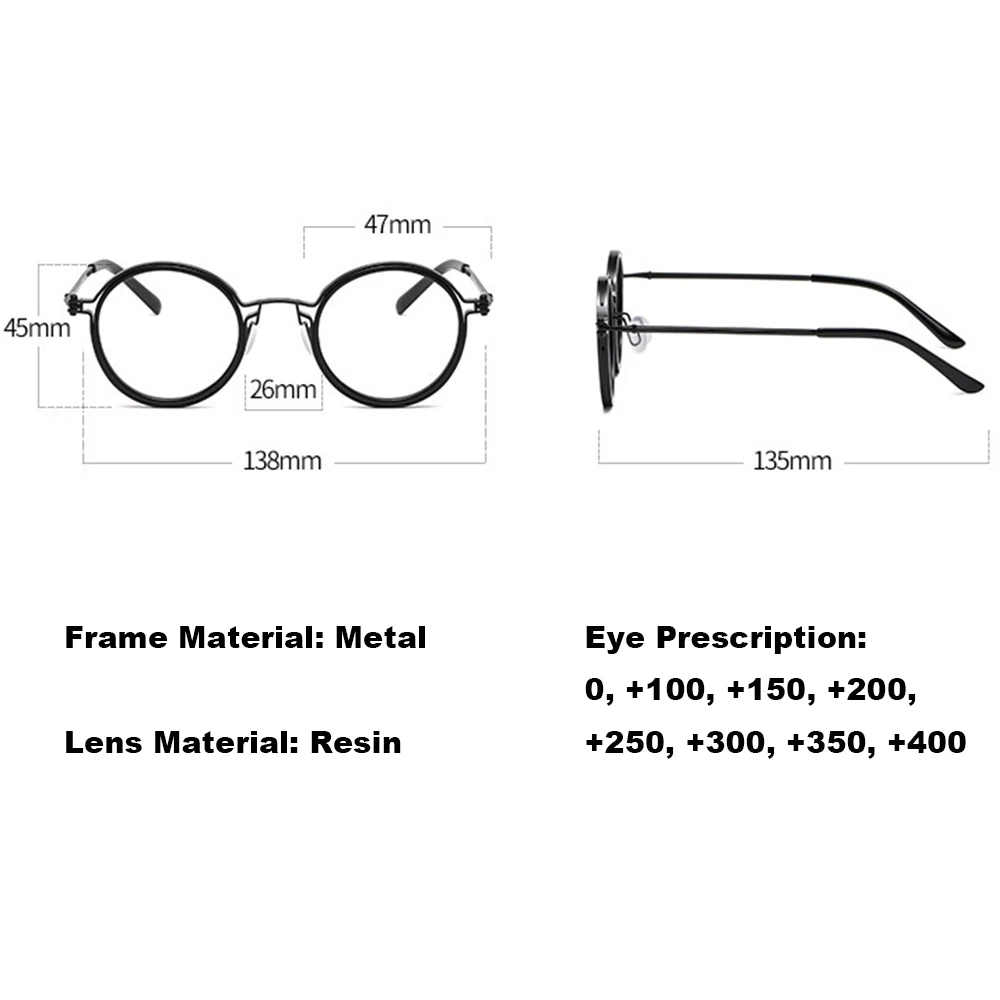 Men Fashion Small Frame Round Reading Glasses Alloy Magnifying Glasses Eye Prescription Clear Lens Anti Blue Light Glasses +0~+4